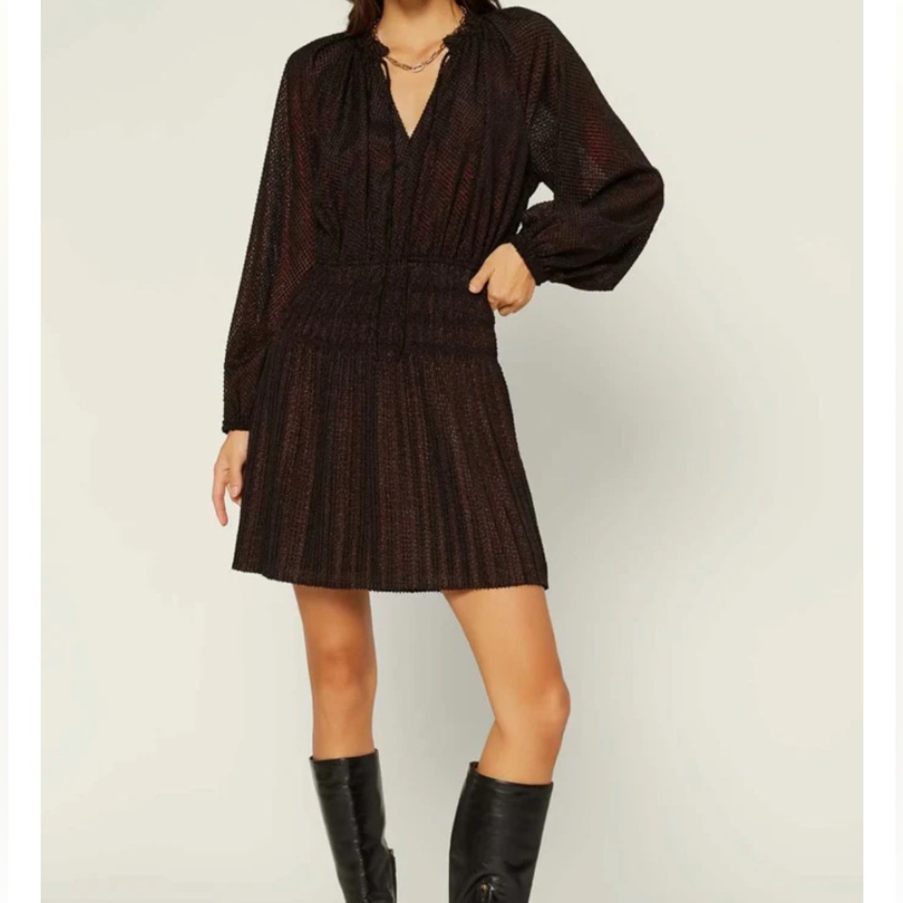 CURRENT AIR Pleated Mini Dress Long Sleeves Black Purple Shimmer Metallic size M